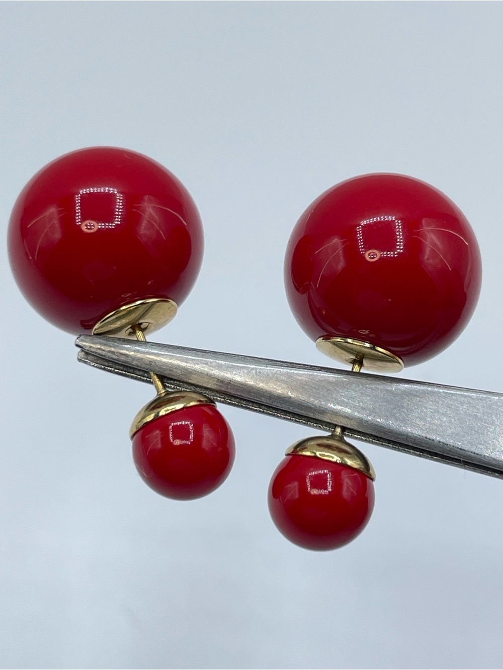 Vintage Red Acrylic Double Ball Stud Earrings Gold Tone Retro